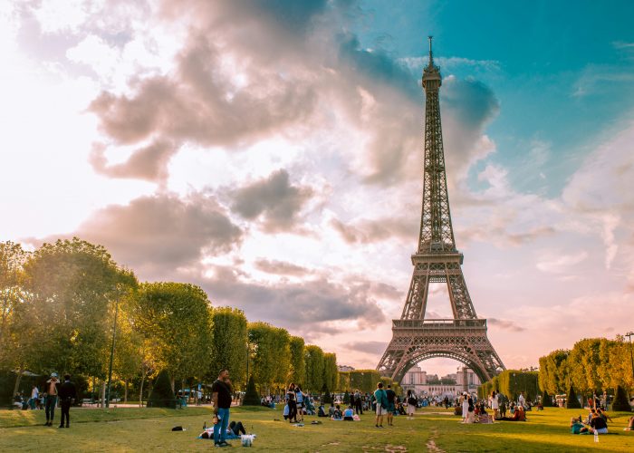The area of Champs de Mars right in front of the Eiffel Tower.