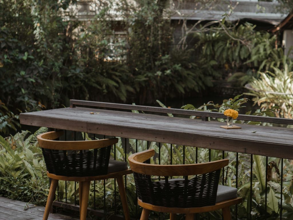 Two chairs tucked away in a hidden, tranquil, plant-filled café. A perfect location to practice wellness in Paris.