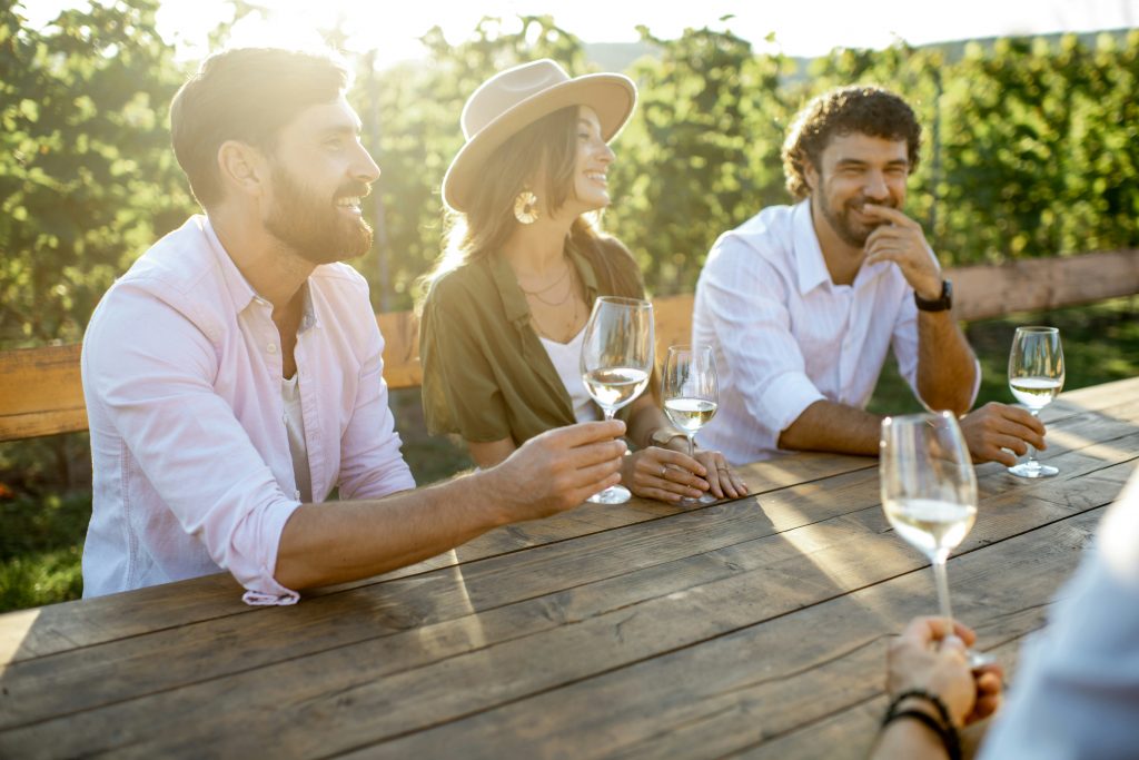 People Having wine and smiling in a Vineyard, Loire Valley Tours
