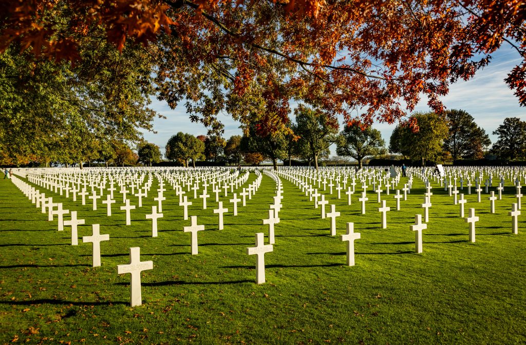 The Normandy American Cemetery  in Autumn with multiples tombstones, Normandy Tours From paris 