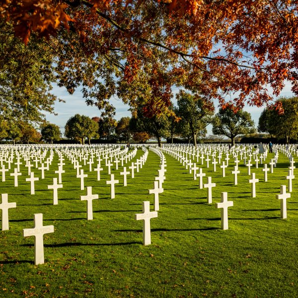 The Normandy American Cemetery in Autumn with multiples tombstones, Normandy Tours From paris