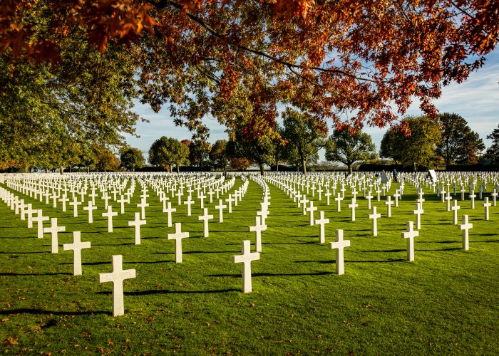 The Normandy American Cemetery in Autumn with multiples tombstones, Normandy Tours From paris