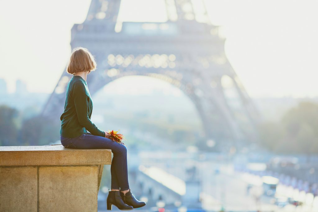 Women infront of the Eiffel Tower in Paris.