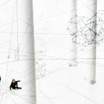 matthieu-joannon-AR9k5pHP0IQ-unsplash High angle view of Tomás Saraceno's contemporary art installation inside a bright white hall, featuring a massive network of black threads stretched between thick white columns to create giant web structures and floating geometric shapes, with two visitors in black clothing looking at the work on the floor below In Palais de Tokyo Paris
