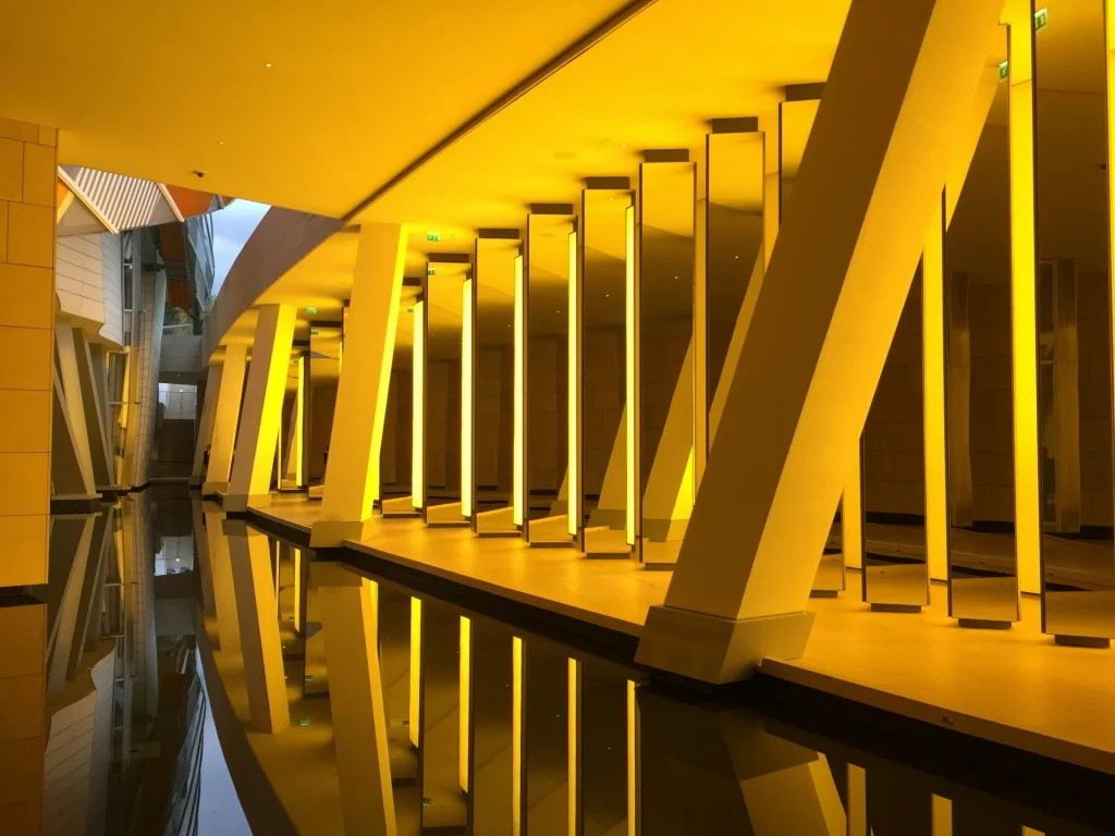 The Inside of the Fondation Louis Vuitton in Paris. Installation with water and led lights, Only visible from the inside.