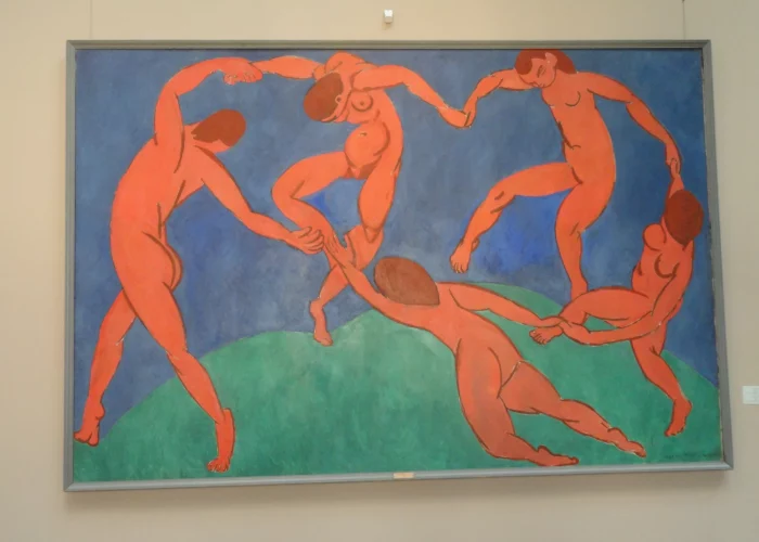 The Dance, a painting created by Matisse in 1910. With persons dancing in cercle, blue and orange in the painting.