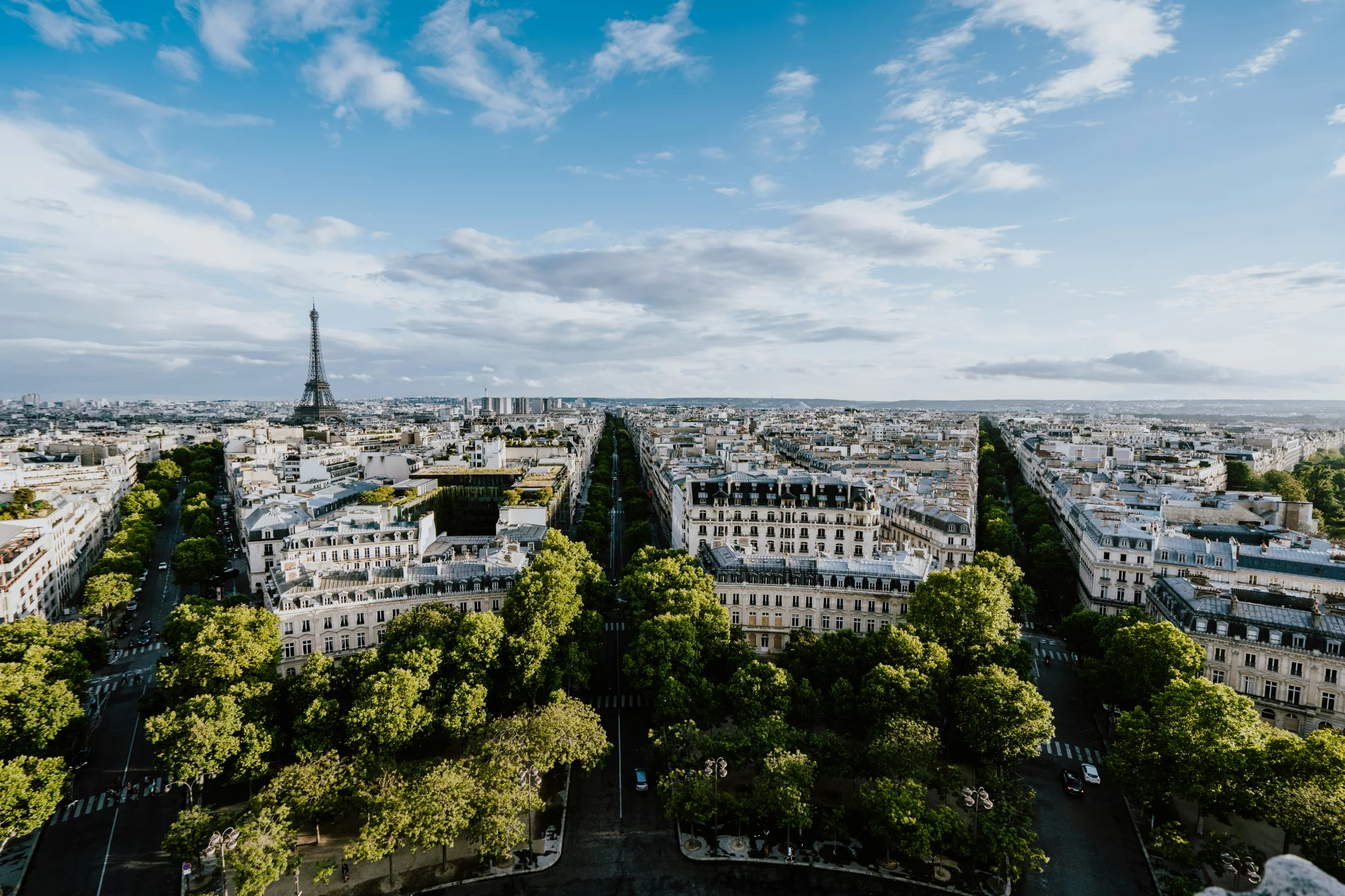 Aerial view of Paris with Eiffel tower.