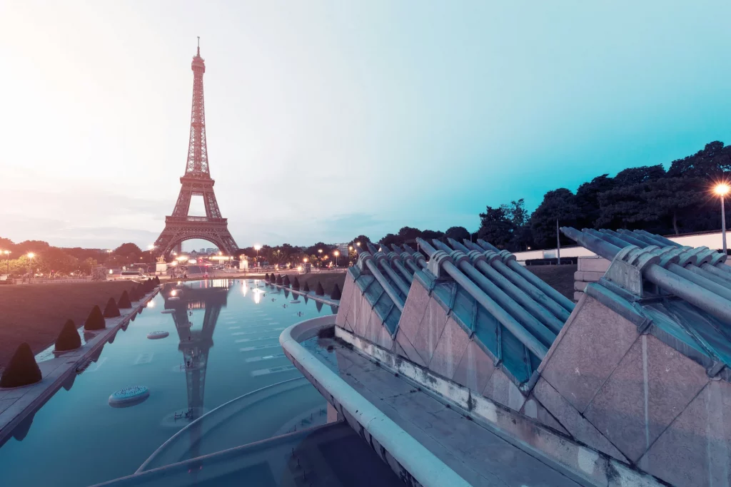 View of the iconic Eiffel Tower near Trocadéro in Paris.