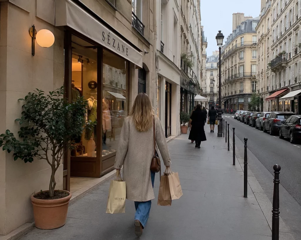 Woman carrying shopping bags on a Parisian street.