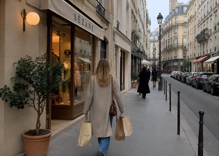 Woman carrying shopping bags on a Parisian street.