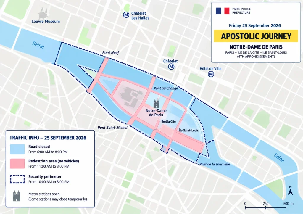 Map showing security perimeters, road closures and public transport restrictions around Notre-Dame de Paris for Pope Leo XIV's visit on September 25, 2026